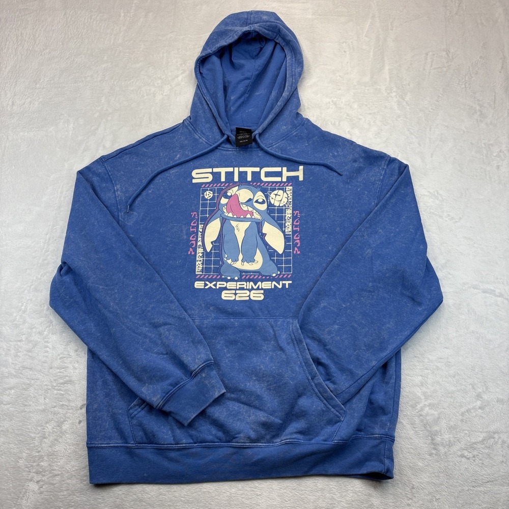 Disney Stitch Experiment 626 Mineral Wash Pullover Hoodie Unisex Medium Blue